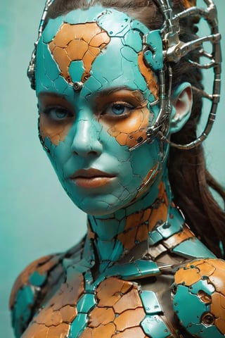 cyborg girl, in the style of balanced symmetry, light orange and cyan, detailed facial features, manticore, organic forms, muted tones, meticulous portraiture,BrokenIR,aesthetic