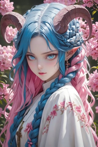 albino Demon Girl, (long intricate horns:1.2),Beautiful nordic girl, a nun adorned in a colorful and stunning floral-patterned habit,(pink wimple),
colorful scapulae,Cross,
Very long braided hair,colorful braided hair,radiating vibrancy and life.,Her attire exudes warmth and kindness, spreading serenity like a blooming garden. With elegant grace, ,mizuki shiranui,aesthetic portrait,ktrmkp,Realistic Blue Eyes,tlps,ct-niji2