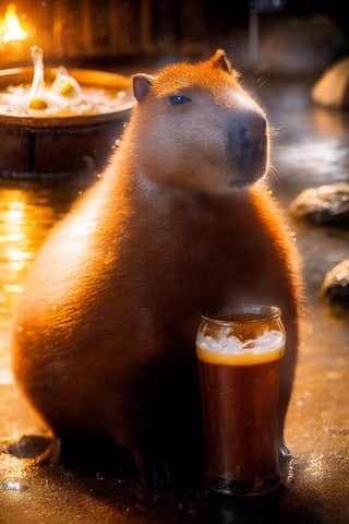 cute capybara with beer, cinematic, hyper realism, high detail, octane render, 4k ,capybara, hot spring, realistic,