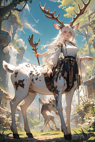 female_solo,centau,albino demon girl, curvaceous, masterpiece, breasts, defined, happy,moose antlers,Alabasta
_skin, glow, golden_eyes, white_hair, long_hair,  clear face, flawless, flawless face, centaur, taur, 4 legs,3va,deer ear,beautyniji