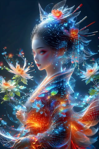  (realistic, photo-Realistic:1.3),red color theme,
Hologram stunning courtesan (oiran) girl in hologram,Light Outline,traditional Japanese attire, hologram,embodying the grace and beauty of a flower. Envision an intricately adorned hologram kimono featuring vibrant and intricate floral patterns, outline only, wireframe, glowing wireframe, pretty girl, rainbow hologram,futuristic, transparent body, void body, only outline neon tube,rainbow colors,, aesthetic grid, silhouette ,3D Mesh,Geisha,minimalist hologram