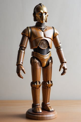 C-3PO made of wood, faithfully and smoothly reproduced in every detail of the iconic droid, wood grain body,wood carving style,woodfigurez