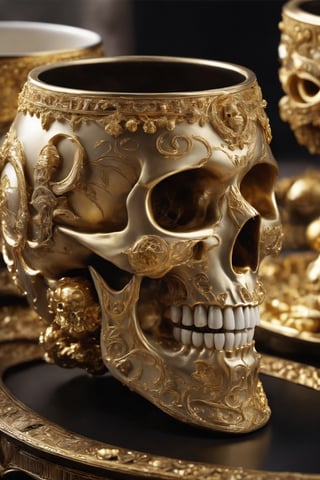 Imagine a skull-shaped cup adorned with intricate golden embellishments, evoking an aura of mystery and intrigue. Crafted from gleaming gold, its hollow eye sockets and toothy grin exude an eerie charm. Delicate patterns of filigree and ornate engravings cover its surface, hinting at ancient rituals and arcane knowledge. Whether used for ceremonial purposes or as a vessel for potent concoctions, its golden sheen casts a mesmerizing glow, commanding attention and inspiring awe. Symbolizing the juxtaposition of life and death, the skull cup serves as a potent reminder of mortality's embrace, while also celebrating the richness and opulence of the human experience.,skll