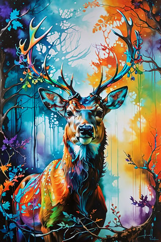 abstract painting Entanglement art,
Crazy colors, awakening, mysterious deer, gigantic, shining antlers, metaphysical deer.