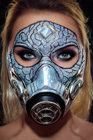 A stunning woman, adorned with makeup, UV Blacklight Face Body Paint,  diamonds Glitter unparalleled beauty,Futuristic gas mask,
radiating a captivating and luxurious allure. The intricately applied diamond makeup enhances her features, creating a dazzling and glamorous appearance that embodies opulence and sophistication,Glowing face, 
,glitt3r