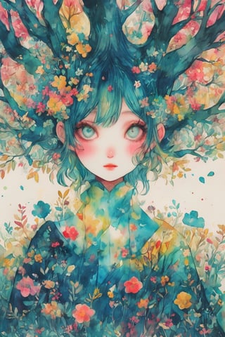 Emo Kitsch design,crazy colorful illustration,shoujyo manga style,Treant, tree with a cute face, a face covered in flowers,(only Face:1.2),
emo,watercolor \(medium\), ,Anime girl