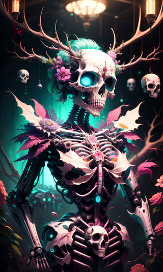 ultra beautiful aesthetic art,pastel art,light coloring,Flower Garden,beautiful girl,bizarre dress, Body fused with machine,Bizarre cyborg artwork,Body in pieces by pieces, lot goa,blood,elk Head skull, necromantic mechanical necro girl,beautiful Face,hanfulolita,skull,Illustration