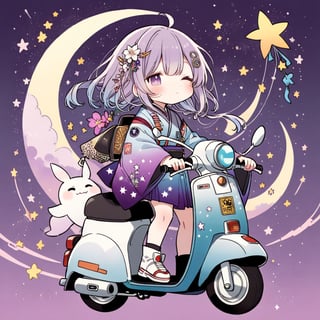 (chibi),fairy tale illustrations,Perfect sky, moon and shooting stars,moon on face, pagan style graffiti art, Kimono girl riding a scooter, hippy van, veichle focus, motor vehicle, Flower,(☆ // purple gradient background),)Star mark hanging on a string:1.2),
 BREAK
 top quality, sharp detail, oversaturated, detailed and complex, original work, trendy, vintage, award winning, artint,artint,starry sky,Anime girl,astronaut_flowers,seseeeh