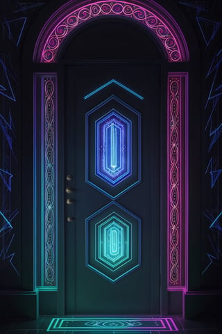 fantacy game , designed  a classic door for quantum dimention, colourful a mesmerizing acrylic painting showcases a neon-lit lighting paranormal a classis key quantum encryption.the main  subject of the painting is an intricate network of glowing, ethereal symbols and patterns floating in a vast, dark void , Roman style .