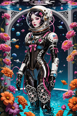  gothic lolita-inspired space suit, crafted from sleek, dark materials adorned with intricate lace and ribbon details, floating gracefully in a pool overflowing with vibrant flowers. With its Victorian silhouette and futuristic accents, the suit creates a striking juxtaposition of elegance and surrealism, blending elements of the past and the future into a captivating tableau of whimsy and wonder.,astronaut_flowers