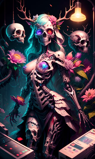 ultra beautiful aesthetic art,pastel art,light coloring,Flower Garden,beautiful girl,bizarre dress, Body fused with machine,Bizarre cyborg artwork,Body in pieces by pieces, lot goa,blood,elk Head skull, necromantic mechanical necro girl,beautiful Face,hanfulolita,skull,Illustration