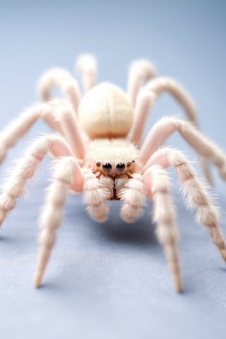  albino fluffy tarantula. Envision the tarantula with a unique albino coloration, showcasing pale tones and distinct markings on its hairy body. Capture the intricate details of the tarantula's features, emphasizing the contrast between its albino hue and the texture of its hair. Optimize for a visually striking composition that highlights the rare and ethereal beauty of an albino tarantula,Furry