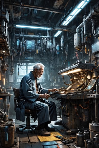 In a bustling cyberpunk world repair shop, an elderly gentleman in a slightly dirty kimono works diligently amidst the hum of machinery and the smell of oil and metal. Wires hang from the ceiling, connecting to various gadgets awaiting repair, while shelves are lined with futuristic gadgets and mechanical parts. The elderly man's faded kimono bears stains of grease from years of hard work as he tinkers with a damaged cybernetic arm at a cluttered workbench. Holographic blueprints and schematics float around him, guiding his repairs as he breathes new life into broken devices,Cyberpunk Doctor,No keyword