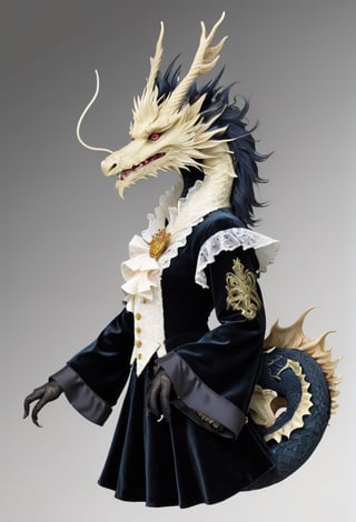 A dragon, adorned in a fusion of Renaissance European noble fashion and modern Gothic Lolita attire, wearing intricate ruffled collars, embroidered velvet garments, and lace accessories, The reptilian creature embodies both aristocratic elegance and contemporary gothic charm, creating a unique and surreal aesthetic.,dragon-themed