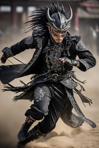 kung fu Punk,1man,a piece of gothic China-punk style art featuring a figure in an excessively decorated Kung Fu outfit. The outfit blends traditional Chinese elements with gothic and punk aesthetics, using dark, rich fabrics, intricate embroidery, metal spikes, chains, and lace accents,(wears a striking dragon mask), combining fierce dragon elegance with dark, ornate patterns.,action shot