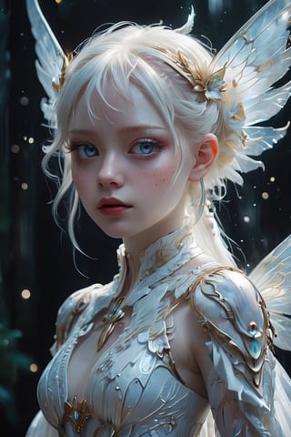 1girl, (masterpiece), stunning hybrid girl,  albino fairy and an albino demon girl,Pure white white pigtails,
blur background, sharp focus, albino demon girl,slit pupil eyes,Intricate Iris, Details their ethereal beauty blending seamlessly to create a mesmerizing presence.
Adorned in a shimmering gown that seems to radiate with otherworldly light, this unique being captivates all who behold her,Her delicate wings, reminiscent of both fairy wings and demonic appendages, flutter gracefully as she moves, adding to her enchanting allure. Despite her mixed heritage, there is a harmonious balance to her appearance, evoking a sense of wonder and admiration in all who gaze upon her.",Butterfly Style