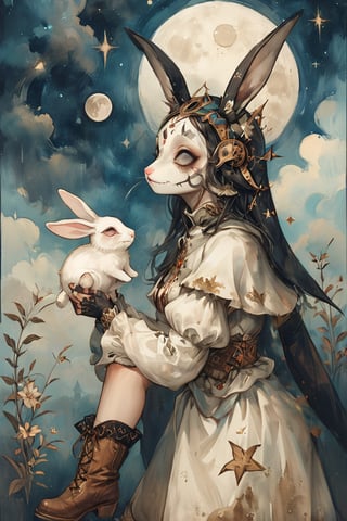 fairy tale illustrations,Simple minimum art, 
myths of another world,Perfect sky, moon and shooting stars,moon on face,
pagan style graffiti art, aesthetic, sepia, ancient Russia,(holy bard),
A female shaman,(wearing a rabbit-faced mask),nodf_xl, in the style of esao andrews,rabbit kissing sheep,
watercolor \(medium\),jewel pet,acidzlime,emo,ruanyi0315,white leotard,high heel boots,papal hat