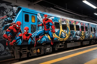 Imagine a train adorned with cool graffiti art featuring Marvel superheroes. The train showcases dynamic murals of Spider-Man, Iron Man, Captain America, and Thor in action poses, highlighting their iconic costumes and powers. The bold color palette, with bright reds, blues, and golds against a sleek dark background, creates a striking visual impact. The graffiti blends comic book aesthetics with urban street art, using energetic lines and dramatic shadows. This combination transforms the train into a moving tribute to Marvel heroes, captivating onlookers as it races through the city.