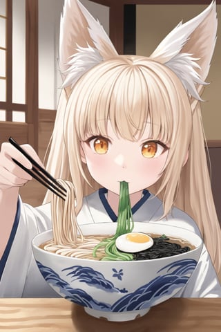 Hyperrealistic painting of a steaming bowl of tsukimi udon. Thick, chewy noodles in clear dashi broth. A perfectly poached egg floats on top, its yolk gleaming golden. Finely chopped green onions and a sheet of nori garnish the dish. Sitting at a low wooden table, a young girl with fox ears enjoys the udon. Her ears are orange with white tips, matching her long, fluffy tail. She wears a traditional yukata with a fox pattern. Her chopsticks are poised to pick up noodles.