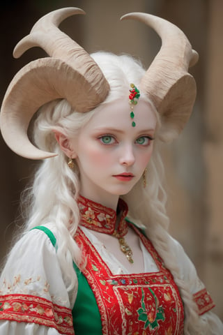  albino devil girl,
 (complex long horns: 1.2), in traditional Italian and Sardinian costume, endlessly beautiful emerald eyes, her ethereal presence accentuated by the transparency of her pale skin, her striking emerald eyes radiating an otherworldly glow,
Break
Wrapped in the vibrant colors and intricate designs of her artistically embroidered blouse, colorful skirt, apron, and Sardinian folk costume in red and white tones, she exudes an enchanting allure that transcends the realms of fantasy and reality,photo_b00ster