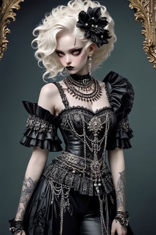 The albino demon girl, is dressed in a captivating blend of Baroque and punk fashion styles. Her attire features ornate Baroque-inspired garments with intricate lace, ruffles, and embellishments, reminiscent of royalty from the Baroque era. However, the traditional elements are juxtaposed with edgy punk accents, such as leather straps, spikes, and chains, adding a rebellious and modern twist to her ensemble. The color palette includes rich jewel tones and metallic hues, enhancing the opulent yet rebellious aesthetic. ,photo_b00ster,ct-niji2