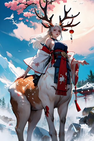 female_solo,centau,albino demon girl, curvaceous, masterpiece, breasts, defined, happy,moose antlers,Alabasta
_skin, glow, golden_eyes, white_hair, long_hair,  clear face,traditional Japanese fashion,
 flawless, flawless face, centaur, taur, 4 legs,3va,deer ear,dark fantasy,utsukushi,Oiran