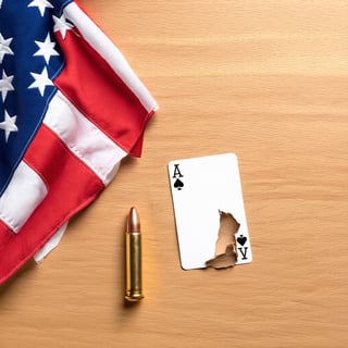 
An American flag, a bullet, and a slightly torn playing card on a desk