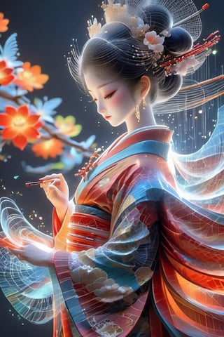  (realistic, photo-Realistic:1.3),red color theme,
Hologram stunning courtesan (oiran) girl in hologram,Light Outline,traditional Japanese attire, hologram,embodying the grace and beauty of a flower. Envision an intricately adorned hologram kimono featuring vibrant and intricate floral patterns, outline only, wireframe, glowing wireframe, pretty girl, rainbow hologram,futuristic, transparent body, void body, only outline neon tube,rainbow colors,, aesthetic grid, silhouette ,3D Mesh,Geisha,minimalist hologram