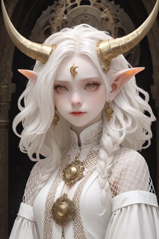 1 girl, , (masterful), albino demon little queen,(white dreadlocks,mesh fishnet blouse, (long intricate horns:1.2) ,
Alabaster skin,wearing solemn white and gold ceremonial robes,
best quality, highest quality, extremely detailed CG unity 8k wallpaper, detailed and intricate, 
,steampunk style,ani_booster