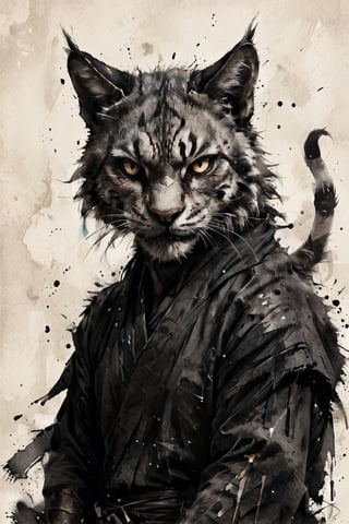 Elder Khajiit rendered in sumi-e style, fierce eyes, glaring intensely at viewer, face partially wrapped in tattered cloth, Bold, expressive brush strokes capturing fur texture and facial features. Dripping ink creating sense of gritty atmosphere. Minimalist background with ink splatters. Blend of traditional Japanese ink painting and dark urban aesthetic. Powerful contrast between black ink and white paper. Emanating aura of strength and defiance,ink