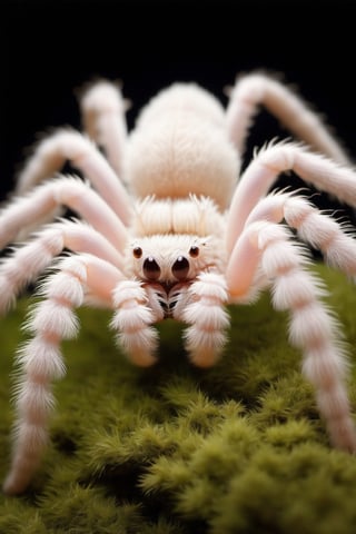  albino fluffy tarantula. Envision the tarantula with a unique albino coloration, showcasing pale tones and distinct markings on its hairy body. Capture the intricate details of the tarantula's features, emphasizing the contrast between its albino hue and the texture of its hair. Optimize for a visually striking composition that highlights the rare and ethereal beauty of an albino tarantula,Furry