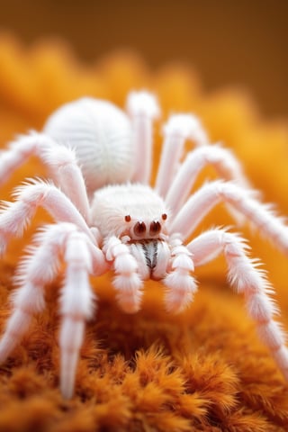  albino fluffy tarantula. Envision the tarantula with a unique albino coloration, showcasing pale tones and distinct markings on its hairy body. Capture the intricate details of the tarantula's features, emphasizing the contrast between its albino hue and the texture of its hair. Optimize for a visually striking composition that highlights the rare and ethereal beauty of an albino tarantula,Furry