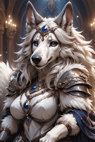 Extreme detailed,
very long White hair beautiful borzoi aristocratic woman,(very long nose:1.7),((Fur skin)),(long eyelashes),wears many ornaments,elegance and beautiful  borzoi Dog,
Wearing luxury Maximilian Armor,large Breast,
l ,aw0k euphoric styleMagical Fantasy style,Qftan,knight,anthro,dal,eyelashes