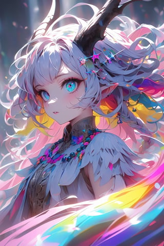 ultra Realistict, demon girl, (Complex Longhorn: 1.2) ,crazy alternate hairstyle, amazingly intricately (dreadlocks) hair,colorful color hair, each braid painstakingly created,decorated with delicate accessories and beads,aesthetic,Beautiful Blue eyes, ,Rainbow haired girl ,bj_Devil_angel,dal-1