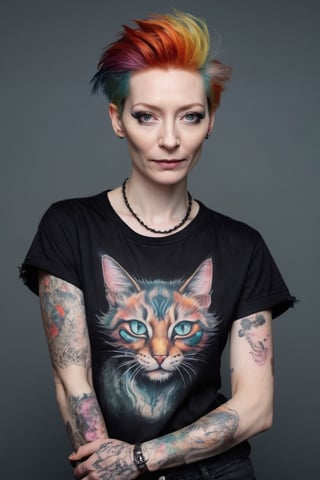 ultra Realistic, 
(Emo fashion Girl),tilda swinton,
Gothic style make up,multi color hair,mouth Pierce,
eyelash extension,distressed sleeve tight shirt, Face paint cat whisker,
Lot Tattoos,skin tight jeans,draven SLIP-ons,

aesthetic portrait