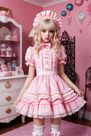 ,maximalism kawaii clutter and excessive decoration room,
brake
Cute Scandinavian girl,14 yo,(maximalism fashion), in an overly decorated emo style pink lolita outfit, her dress is bright pink with frills and studded with lace and ribbons,luxury head bonnet, a glittering flared skirt, platinum blonde curly hair, oversized ribbons and Adorned with sparkling hairpins, she wears thick platform boots and pastel stockings,heavy makeup,