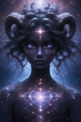 1 girl, (melanism), melanism demon girl,((slit pupil eyes)),solid black skin, mesh fishnet blouse,  (soft expression), Depth and Dimension in the Pupils, So beautiful eyes that Has deep clear eyes, detailed eyelashes,long intricate horns:1.2),Incredibly beautiful looks,girl entire body is overlaid with the cosmic wonders of outer space,Envision her seamlessly merging with galaxies, stars, and nebulae, creating a surreal and ethereal appearance. Capture the celestial glow and intricate cosmic patterns enveloping her entire figure. Optimize for a visually captivating composition that conveys the harmonious fusion between the woman and the vast beauty of the universe, resulting in a mesmerizing and otherworldly cosmic entity,