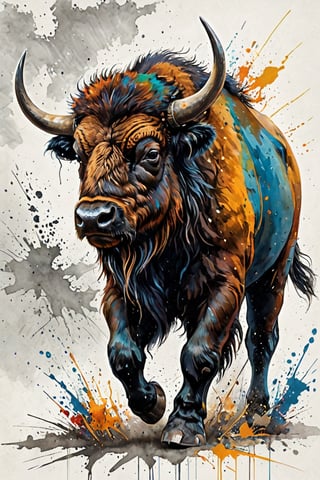 A majestic American bison, vibrant urban canvas inspired by street art. With muscular forelimbs, imagine a creature depicting the American buffalo in a dynamic and lively pose, creating the following impression: Optimize attractive compositions and create attractive, urban artwork. painted world, colorful splash, amazing quality, art station, ink, color splash, it exudes a sense of strength and resilience, embodying the untamed spirit of the wild.,ink,Animal Verse Ultrarealistic 