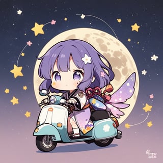 (chibi),fairy tale illustrations,Perfect sky, moon and shooting stars,moon on face, pagan style graffiti art, Kimono girl riding a scooter, hippy van, veichle focus, motor vehicle, Flower,(☆ // purple gradient background),)Star mark hanging on a string:1.2),
 BREAK
 top quality, sharp detail, oversaturated, detailed and complex, original work, trendy, vintage, award winning, artint,artint,starry sky,Anime girl,astronaut_flowers,seseeeh