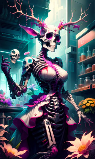 ultra beautiful aesthetic art,pastel art,light coloring,Flower Garden,beautiful girl,bizarre dress, Body fused with machine,Bizarre cyborg artwork,Body in pieces by pieces, lot goa,blood,elk Head skull, necromantic mechanical necro girl,beautiful Face,hanfulolita,skull,Illustration