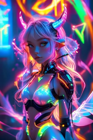 Extreme detailed,ultra Quality,1girl,perfect Body,
Hologram body girl,hybrid albino demon little queen, (long intricate horns),mini wings,Wearing hologram doctor suit,outline only,glowing wireframe, rainbow hologram,random color,transparent body, void body, only outline neon tube,rainbow colors, CyberPunk style,aesthetic grid, silhouette ,neon style,3D Mesh,neon,LegendDarkFantasy,alien,Strong Backlit Particles,outline,APEX colourful ,ichika,ruanyi0735,bodysuit