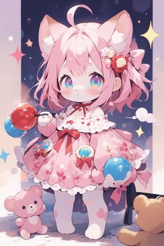 Prompt: Magical POP illustration,cute little Teddy bear,pink loli  dress, weapon holding,Beautiful embroidered dress,furry girl,Deformed