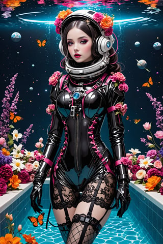  gothic lolita-inspired space suit, crafted from sleek, dark materials adorned with intricate lace and ribbon details, floating gracefully in a pool overflowing with vibrant flowers. With its Victorian silhouette and futuristic accents, the suit creates a striking juxtaposition of elegance and surrealism, blending elements of the past and the future into a captivating tableau of whimsy and wonder.,astronaut_flowers