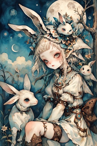 fairy tale illustrations,Simple minimum art, 
myths of another world,Perfect sky, moon and shooting stars,moon on face,
pagan style graffiti art, aesthetic, sepia, ancient Russia,(holy bard),
A female shaman,(wearing a rabbit-faced mask),nodf_xl, in the style of esao andrews,rabbit kissing sheep,
watercolor \(medium\),jewel pet,acidzlime,emo,ruanyi0315,white leotard,high heel boots,papal hat