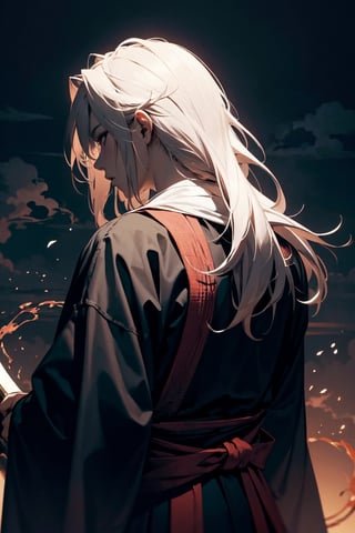 BIn stunning 8K UHD resolution, this artwork captures the upper body back view of a samurai with long, flowing hair and an imposing aura. The sumurai look like Cloud Strife adorned in ragged hakama, portrayed with highly detailed body, hands, and face,, using an Edo period color palette, creates a harmonious and aesthetic backdrop, while ink scenery adds depth and atmosphere. 