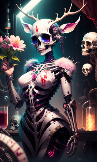 ultra beautiful aesthetic art,pastel art,light coloring,Flower Garden,beautiful girl,bizarre dress, Body fused with machine,Bizarre cyborg artwork,Body in pieces by pieces, lot goa,blood,elk Head skull, necromantic mechanical necro girl,beautiful Face,hanfulolita,skull,Illustration