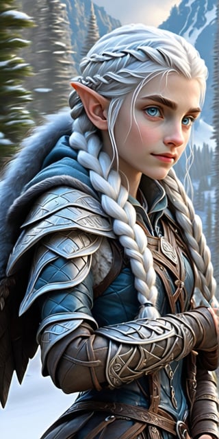 Extreme detailed,ultra Realistic,
beautiful young ELF lady,platinum silver shining hair, long elvish braid, side braid, blue-grey eyes,elf ears,(carries a beautiful hawk on arm:1.2),
Wearing Celtic leather Armor, hooded cloak, animal fur hood, intricate clothing, animal fur clothing, dark clothing, waistband, scarf, soft smile, bending posture, looking into the distance, 
snowy mountain scenery, overlooking valley, river, white clouds, seen from behind,ol1v1adunne