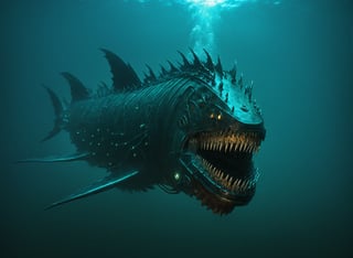 Mechanical Leviathan, giant steel jaws, giant underwater monster, deep ocean floor, soft lighting, dark colors, dark aura, horror, Leviathan sea monster,zavy-cbrpnk,circuitboard