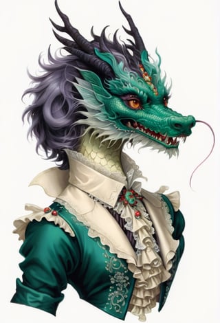 A dragon, adorned in a fusion of Renaissance European noble fashion and modern Gothic Lolita attire, wearing intricate ruffled collars, embroidered velvet garments, and lace accessories, The reptilian creature embodies both aristocratic elegance and contemporary gothic charm, creating a unique and surreal aesthetic.,dragon-themed