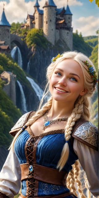 Extreme detailed,ultra Realistic,natural smile,looking up,
beautiful young Viking lady,platinum blonde shining hair, blue eyes,fractal art Clothes,
Wearing Viking royal  highly detailed clothes, adorned with laces and floral elements, luxurious laces,
bending posture, looking into the distance, 
beauty village background,
,ol1v1adunne,Wonder of Beauty,Magical Fantasy style